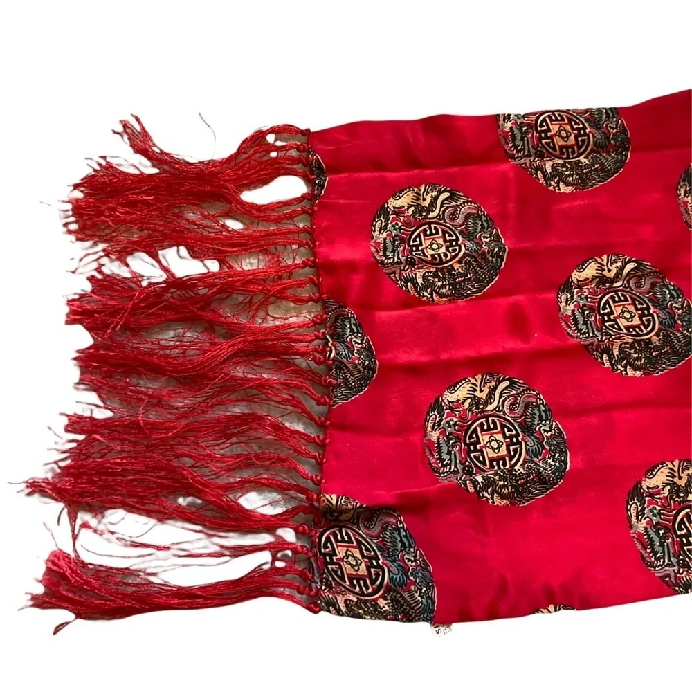 100% silk red fringed scarf